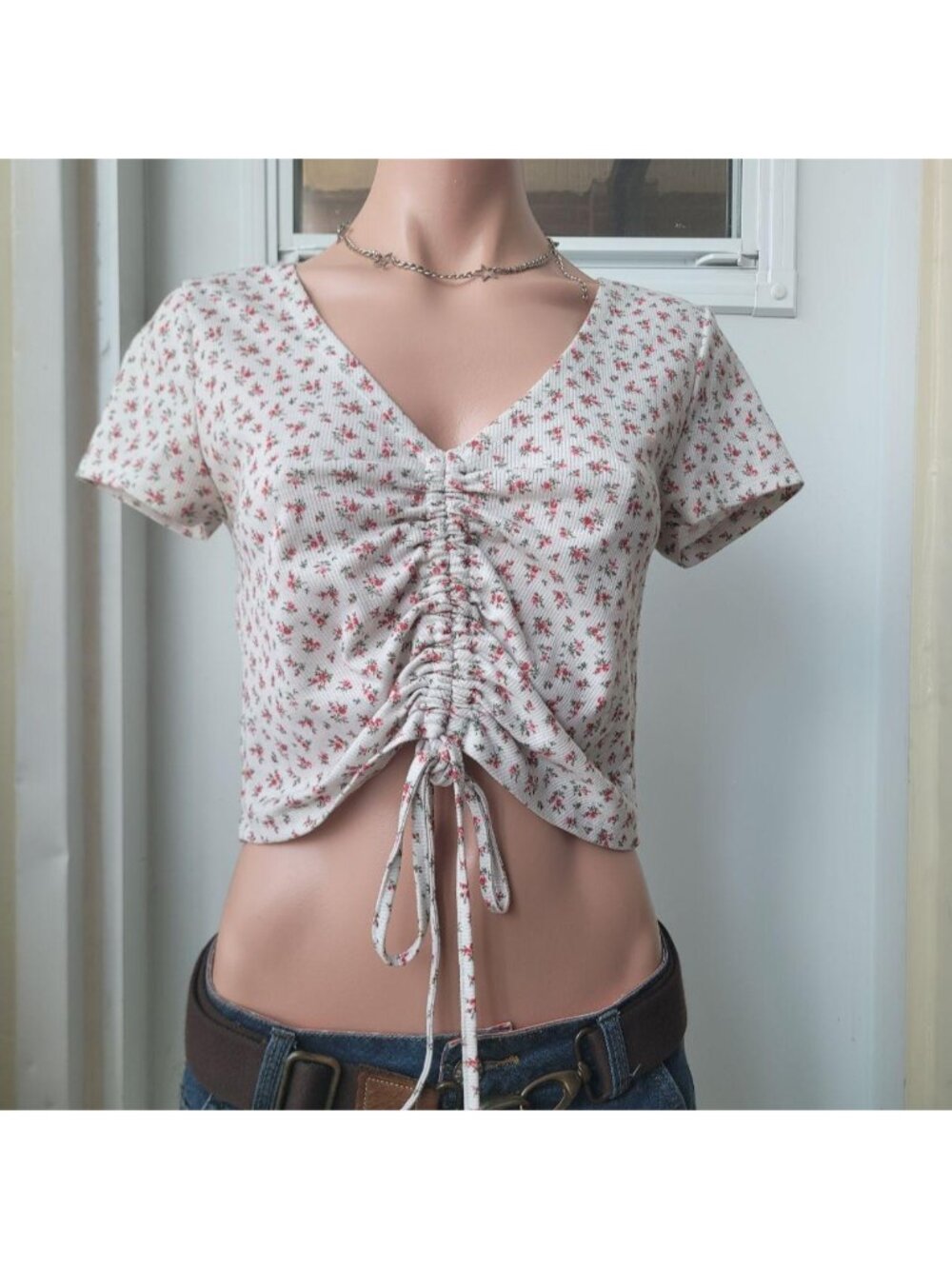Shein White Floral Ruched String Coquette Summer Tee (One Size)